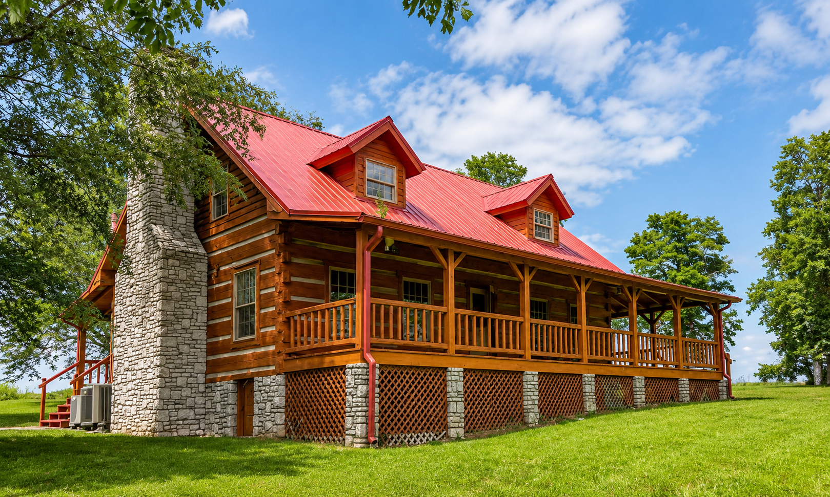 The Serene Cabin with a red roof and stone chimney