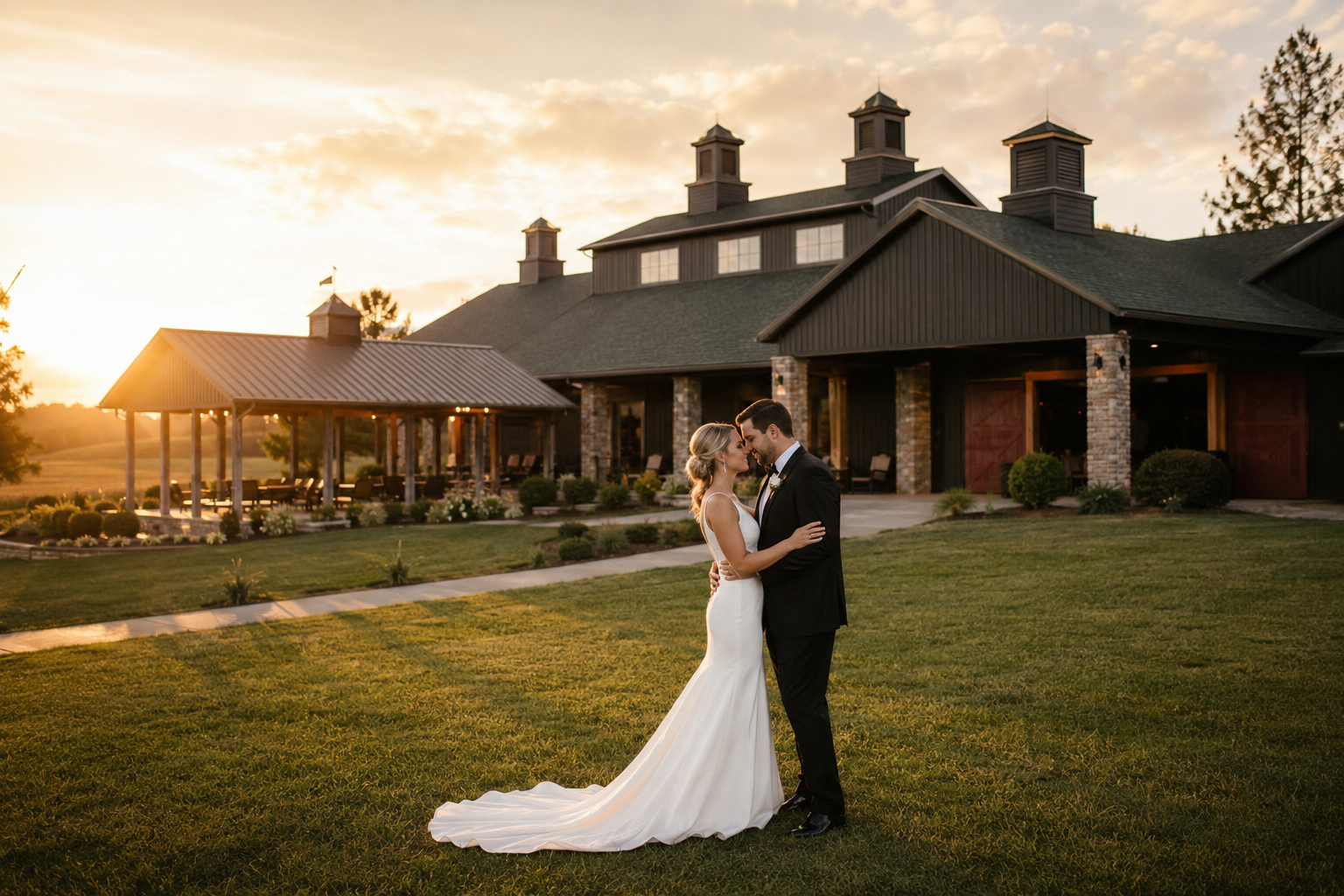 Bride and groom embracing at sunset at The Show Barn