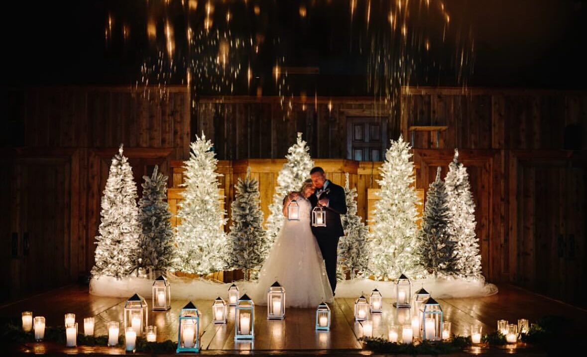 Bride and groom greeted by guests at The Show Barn