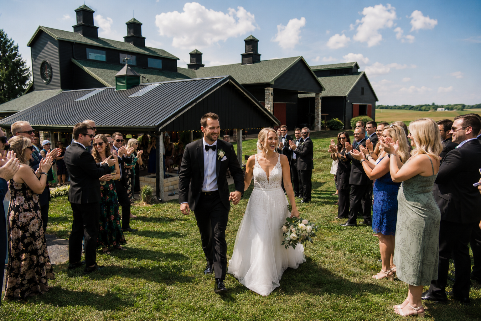 Bride and groom greeted by guests at The Show Barn