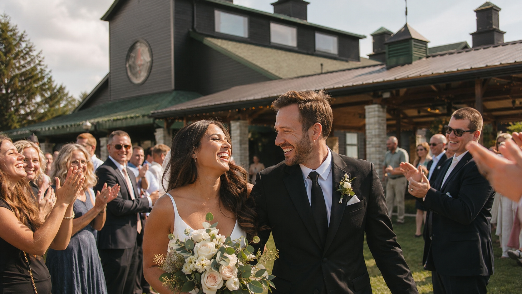 Newlyweds laughing together at The Show Barn