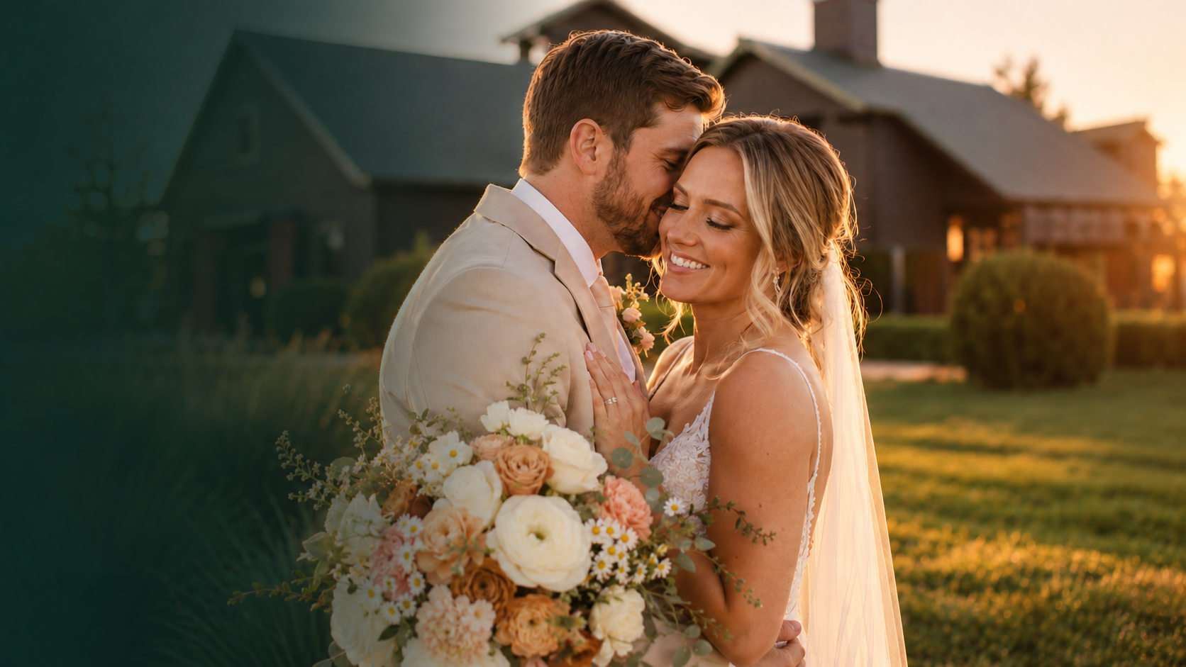 Bride and groom embracing in front of The Show Barn at golden hour