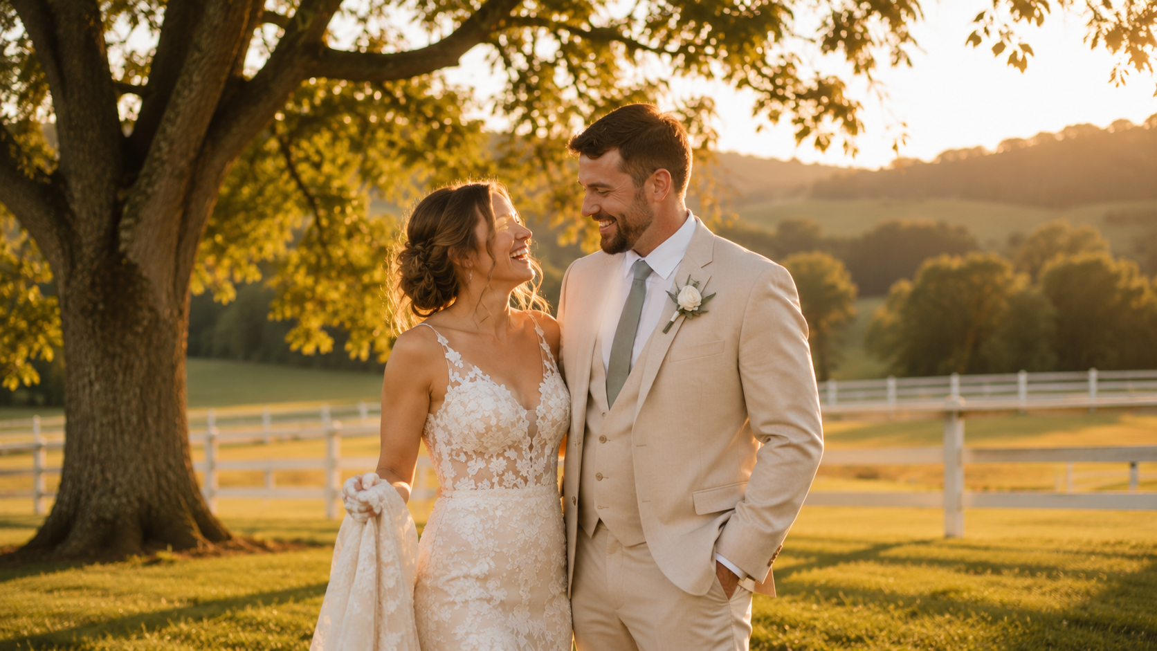 Bride and groom laughing together under a tree at golden hour