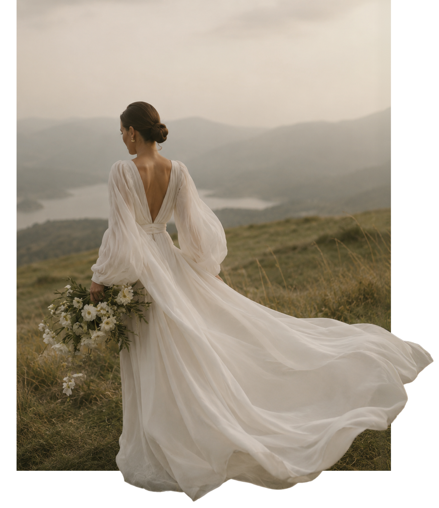 Bride in a flowing gown overlooking the Kentucky hills