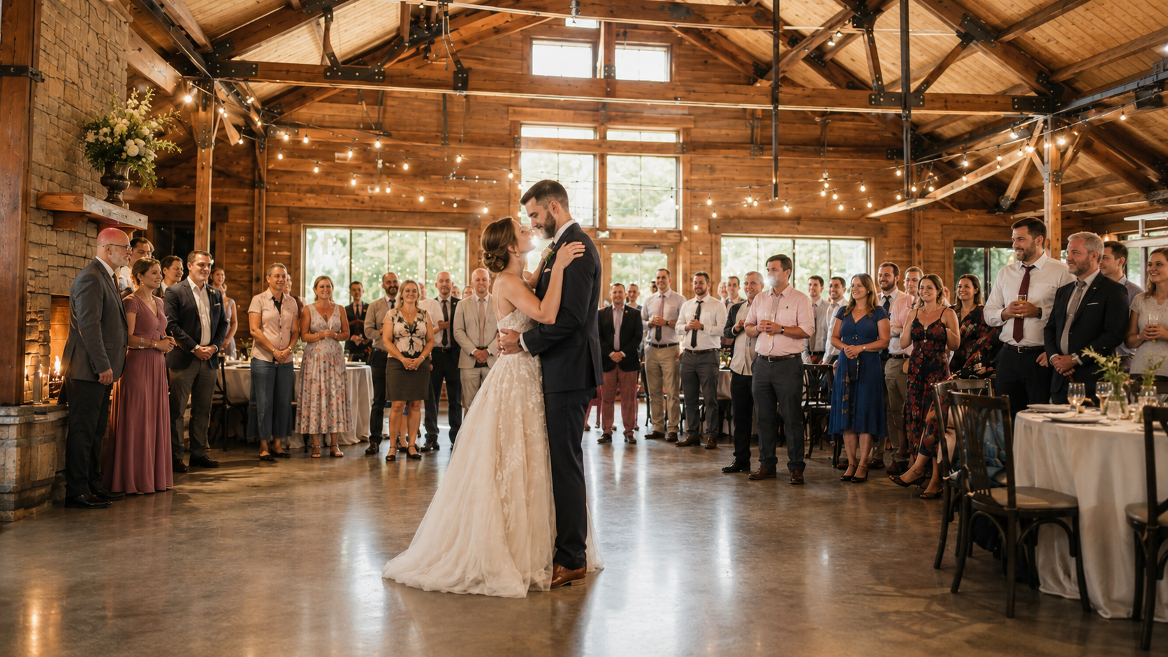 Bride and groom sharing a first dance inside The Show Barn
