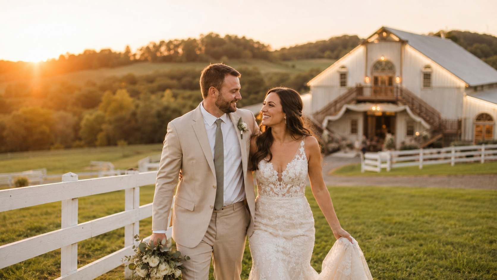 Bride and groom walking in front of a white barn at golden hour