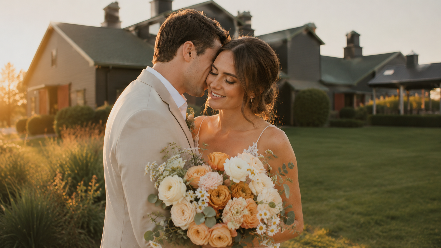 Bride and groom embracing at The Show Barn